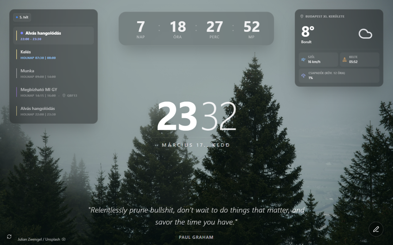 The Hub dashboard: clock, weather, calendar, quote and focus timer over an Unsplash photograph